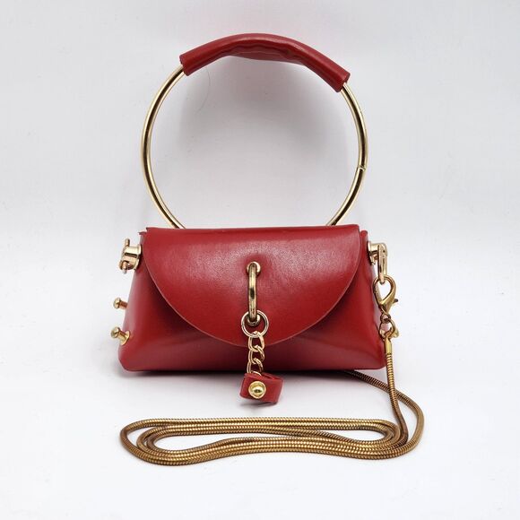 Micro Mini Red Gold Circle Handle Crossbody Bag - Picture 1 of 10